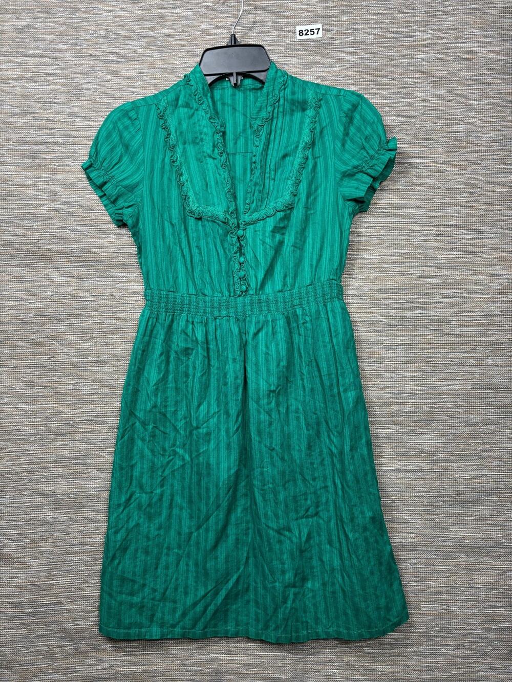 Fossil Shirt Dress Womens Small Green Striped Ruffle Puff Sleeve Knee Length